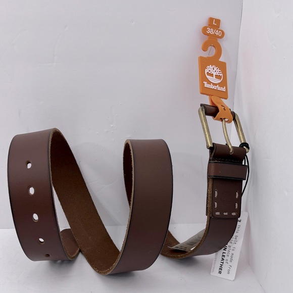 TIMBERLAND MEN’S BELT, BROWN COLOR, LEATHER WITH GOLD BUCKLE, LARGE (38/40) - Picture 2 of 10
